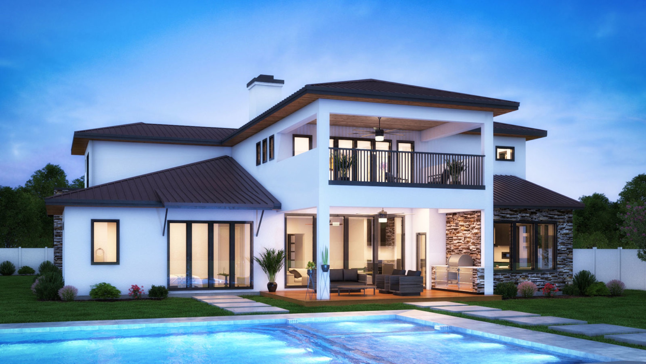 Modern custom home built by Capital Hills Development at dusk, with pool and covered patio